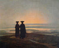 Paisaje al atardecer con dos hombres