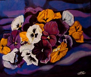 Flores sobre fondo violeta. Pintura pastel