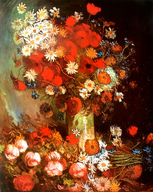 Vase with poppies, cornflowers, peonies and chrysanthemums