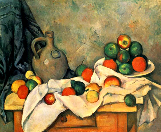 Naturaleza muerta, cortinas, Krug y un tazón de frutas-paul_cezanne