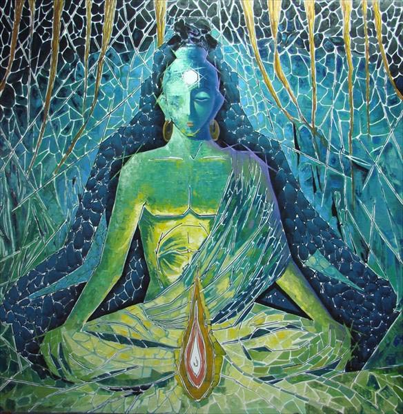 Buda meditando con formas azules y creativas Buda meditando con formas azules y creativas