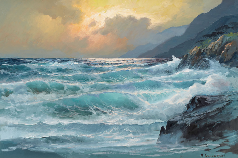 Pintura del mar con olas, de  Alex Dzigurski.