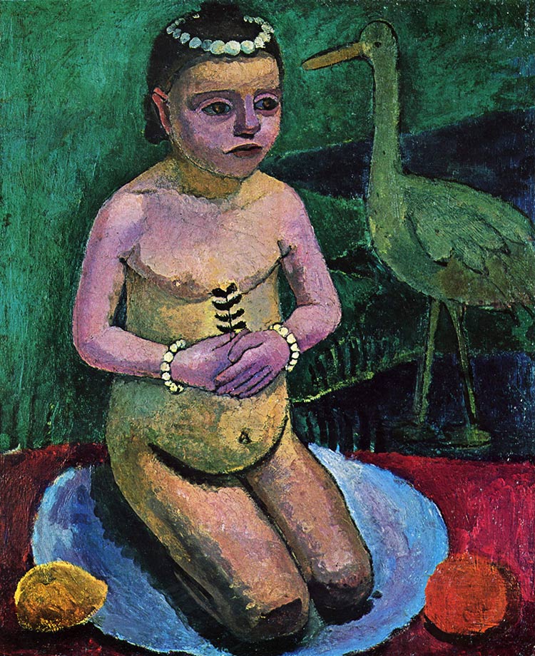 Los niños juegan con cigüeña, pintura de Paula Becker 